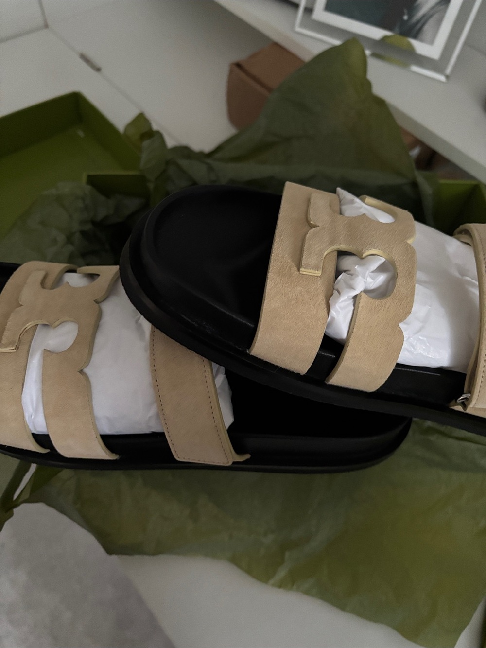 Tory Burch Beige Suede Dual-Strap Sandals with Black Footbed - Picture 4 of 6